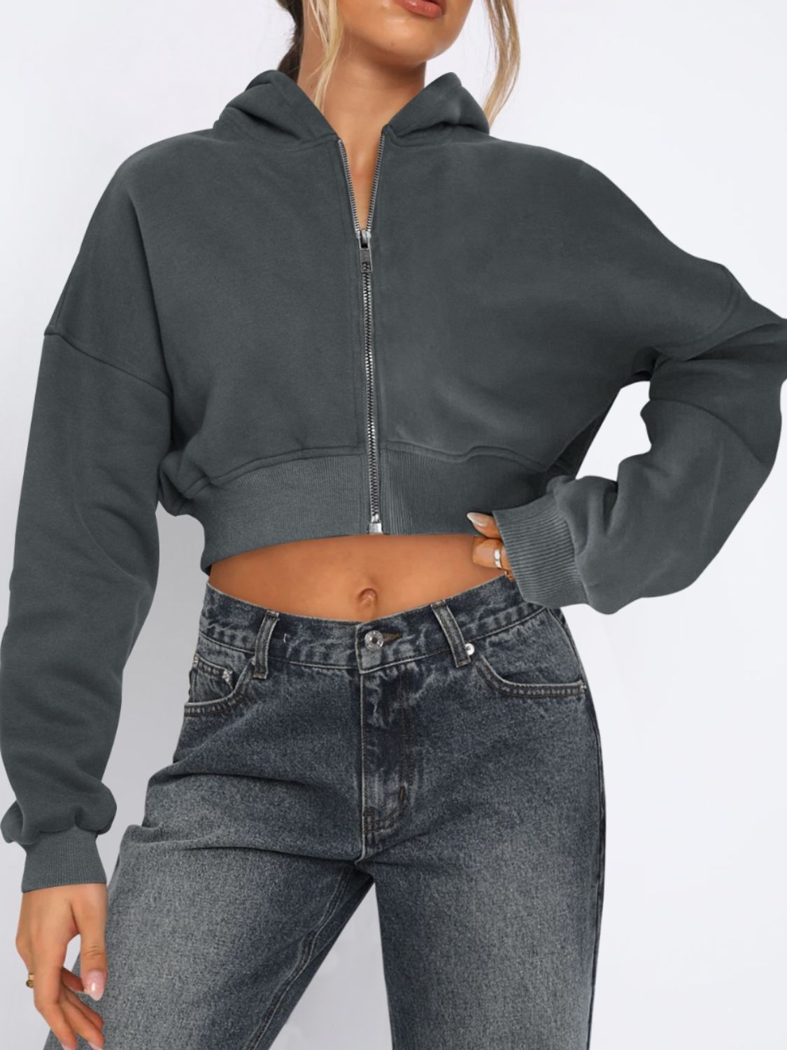 Zip Up Long Sleeve Hooded Cropped Jacket