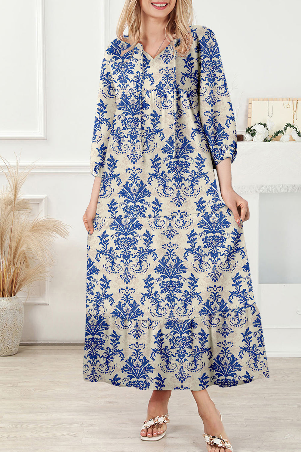 Sky Blue Boho Printed Half Sleeve Maxi Dress - Kustom Kreations Goods