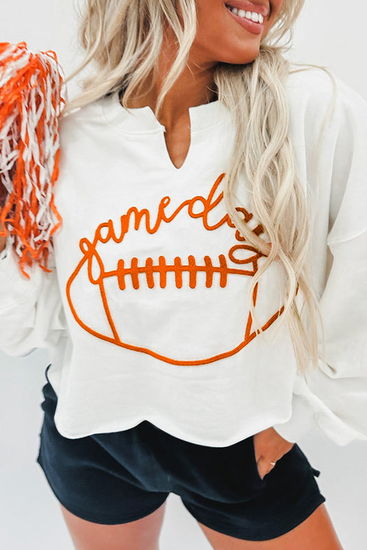 Bright White Game Day Lettering Rugby Notched Neck Cropped Sweatshirt
