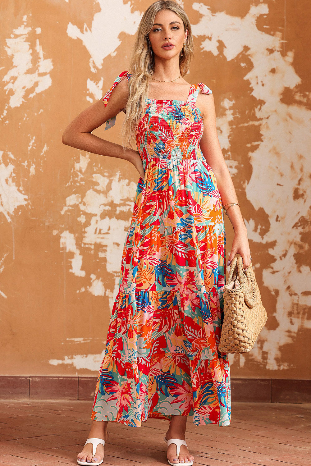 Multicolor Boho Tropical Print Smocked Ruffle Tiered Maxi Dress