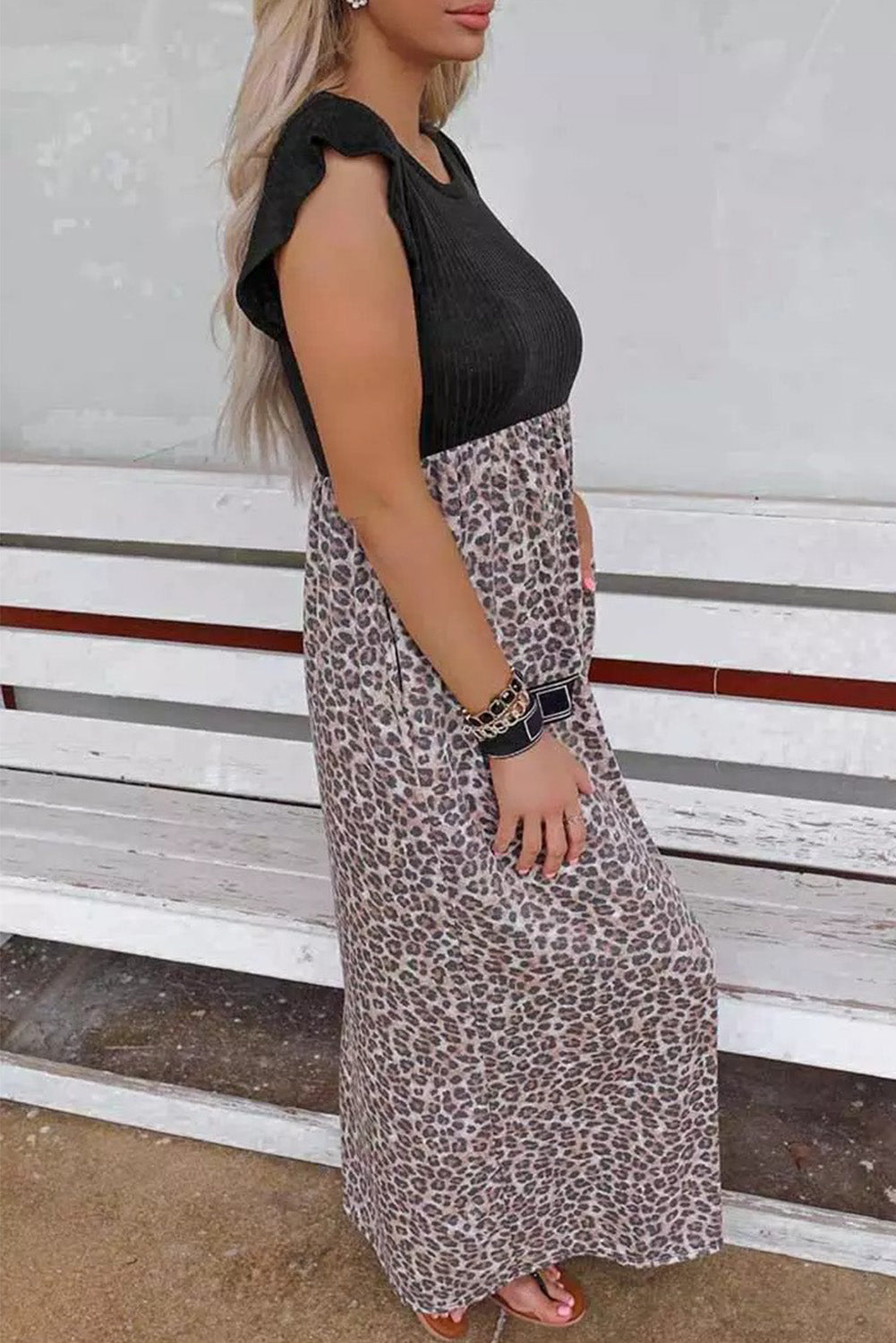 Black Leopard Print Casual Cap Sleeve Pocket Dress