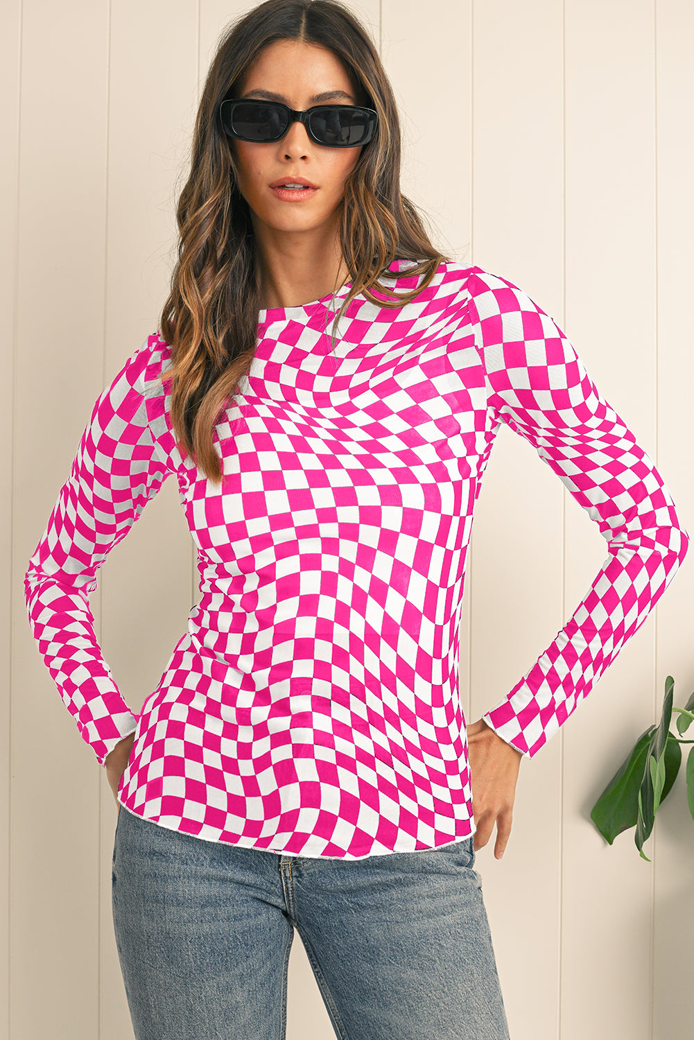 Black Checkered Pattern Mesh Long Sleeve Top - Kustom Kreations Goods