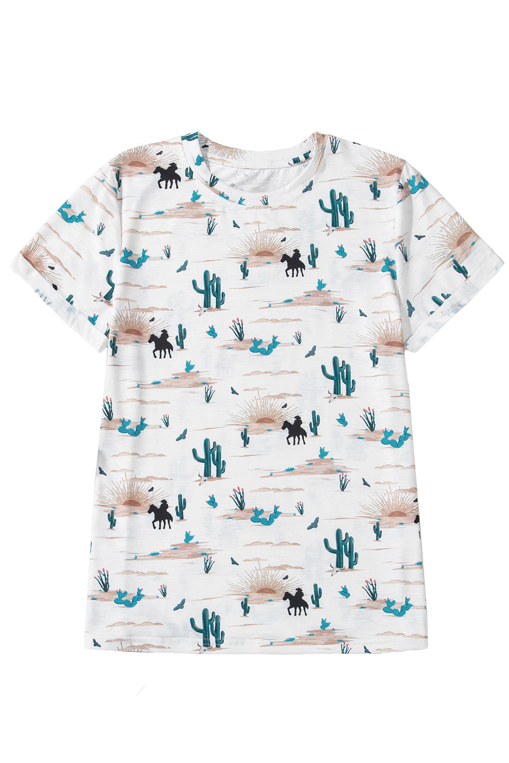 Beige Cactus Print Crew Neck Short Sleeve Top - Kustom Kreations Goods