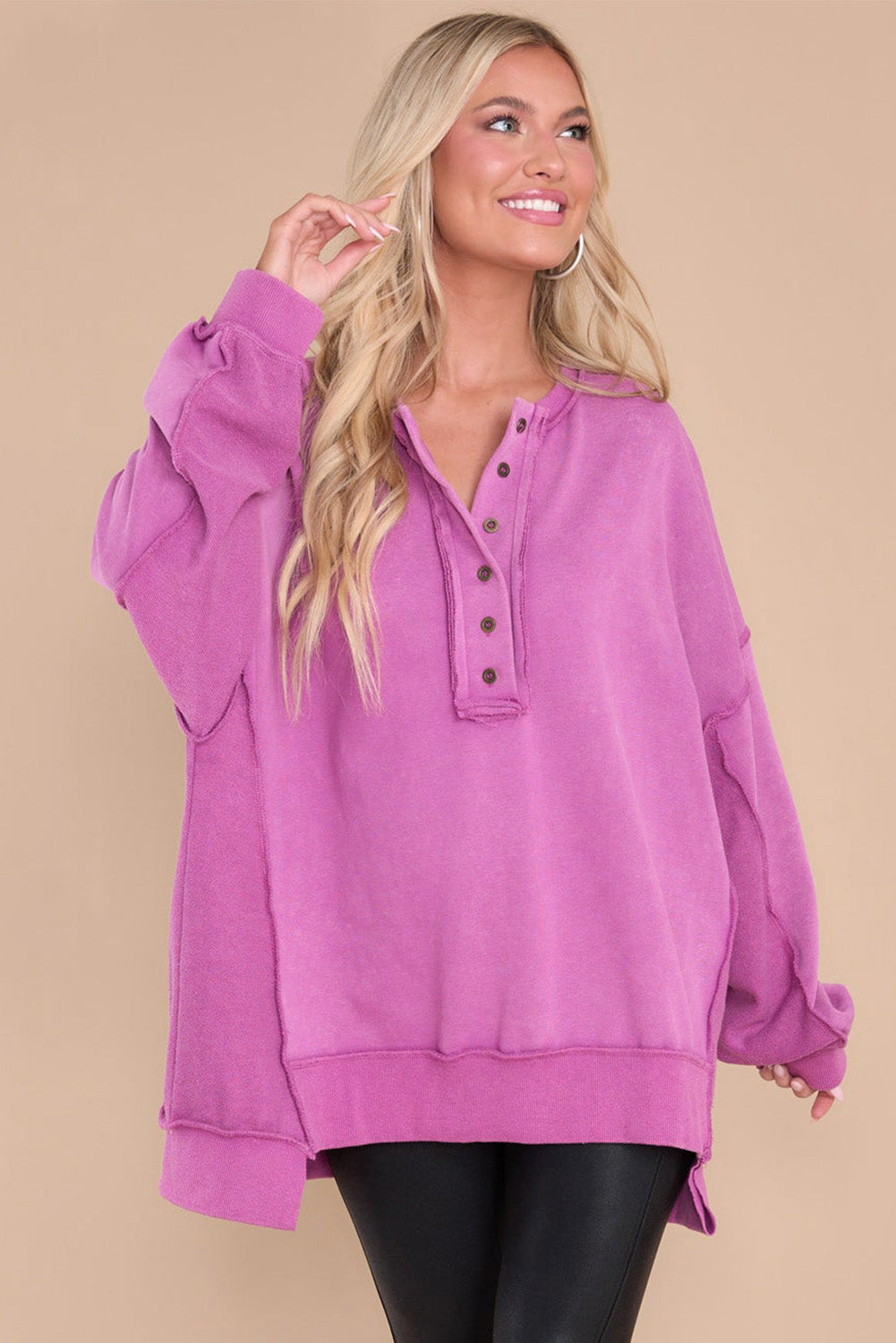 Purple Patchwork Exposed Seam Henley Sweatshirt