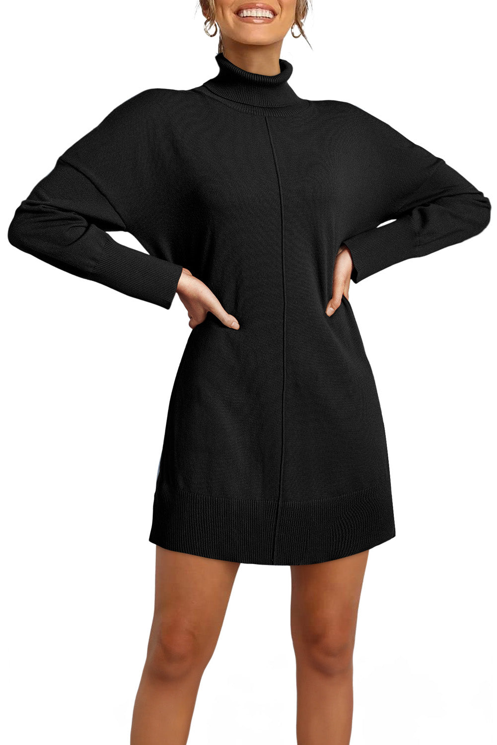 Black Solid Color Turtleneck Drop Shoulder Loose Sweater Dress - Kustom Kreations Goods