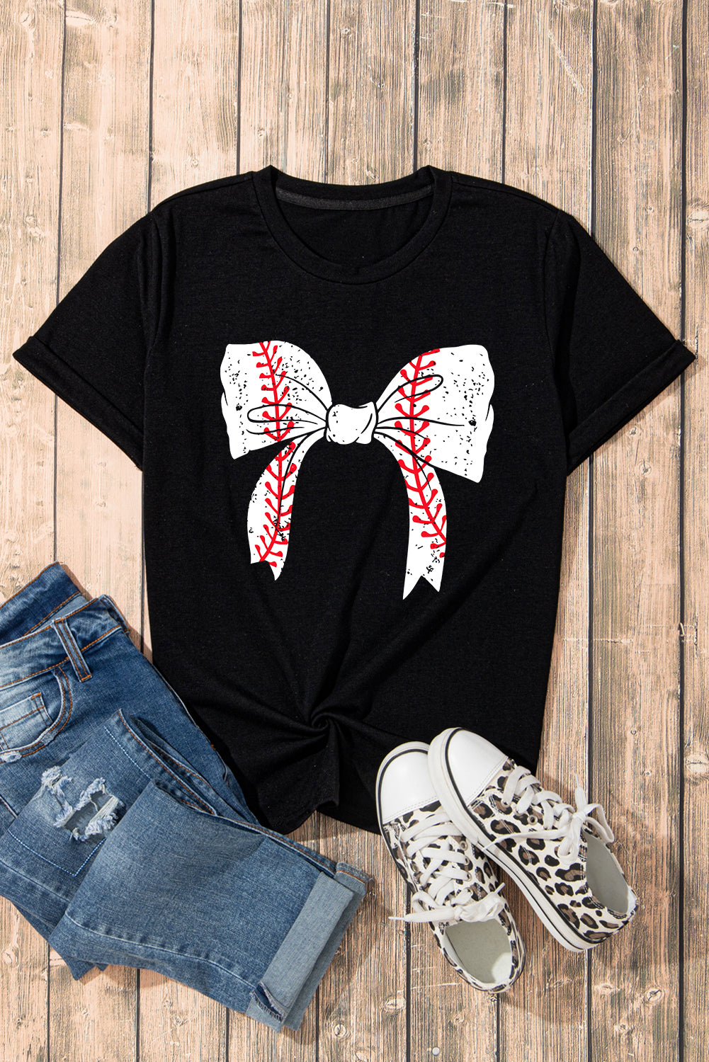 Black Baseball Bowknot Graphic Roll Up Sleeve Tee - Kustom Kreations Goods
