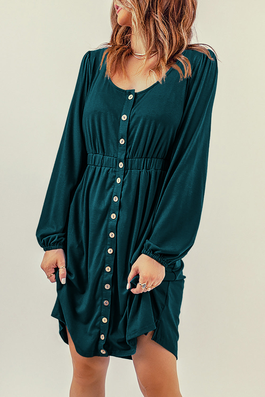 Green Button Up Casual High Waist Long Sleeve Dress