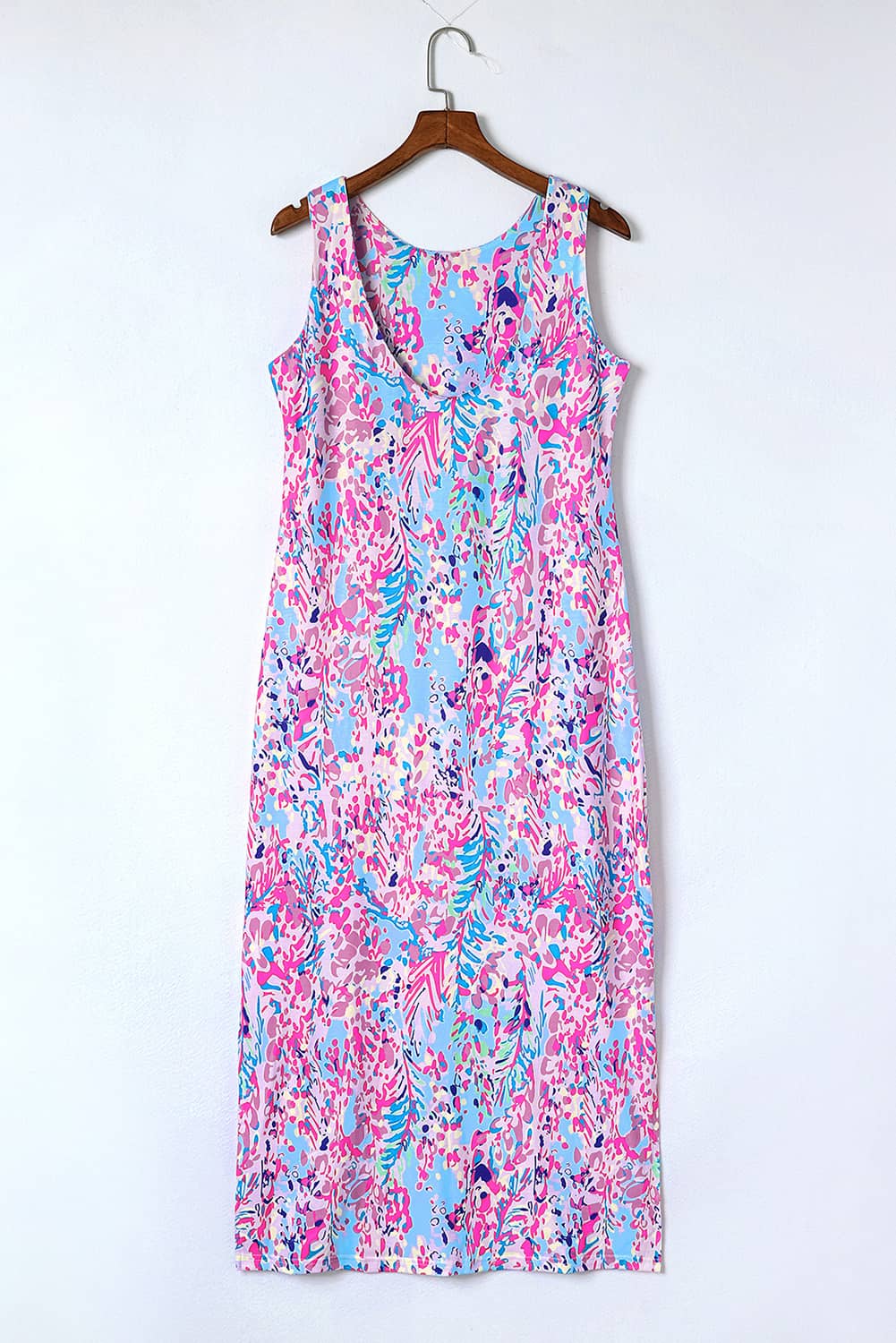 Purple Fluorescent Printed Round Neck	 Sleeveless Maxi Dress