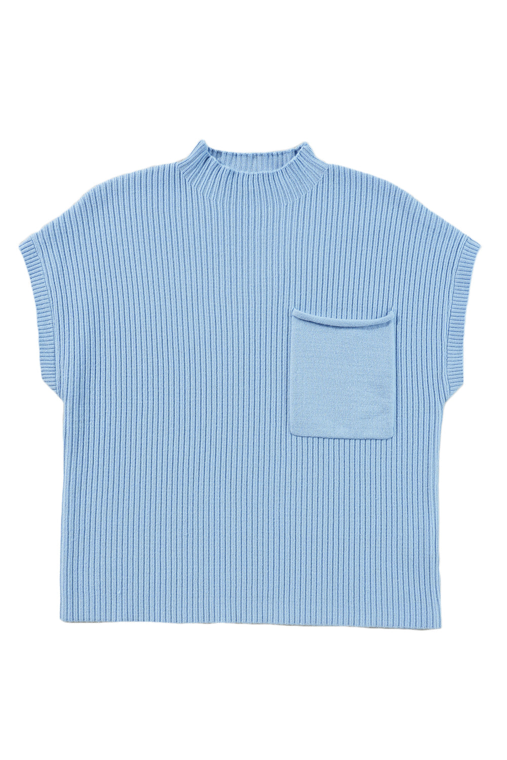Beau Blue Patch Pocket Ribbed Knit Short Sleeve Sweater