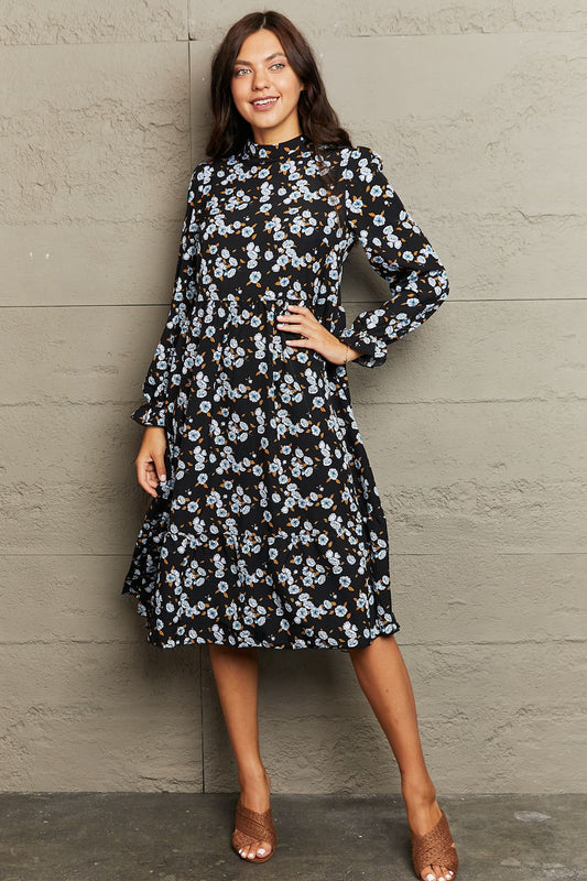 Printed Round Neck Flounce Sleeve Dress