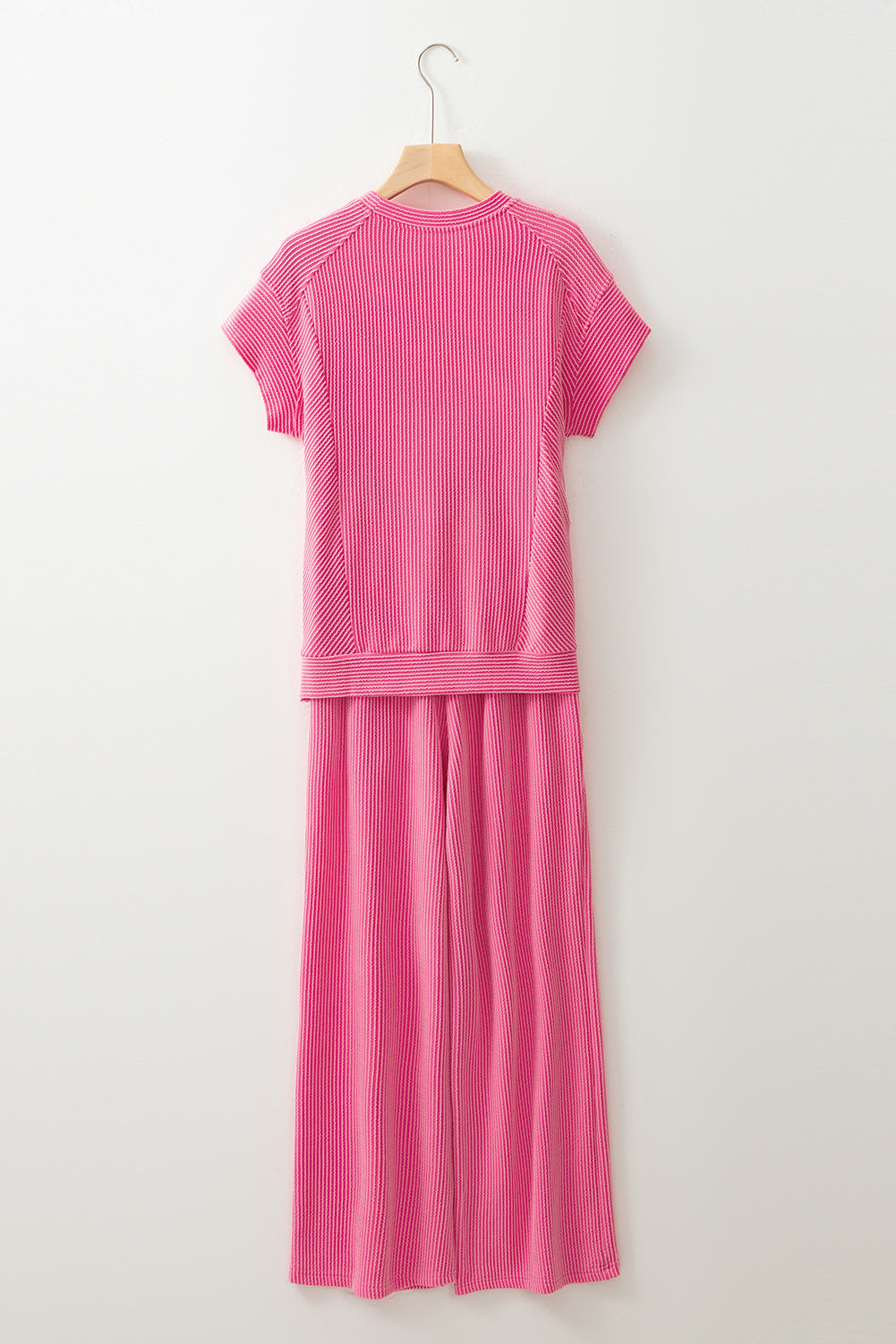 Bright Pink Solid Corded Short Sleeve T Shirt and Wide Leg Pants Set