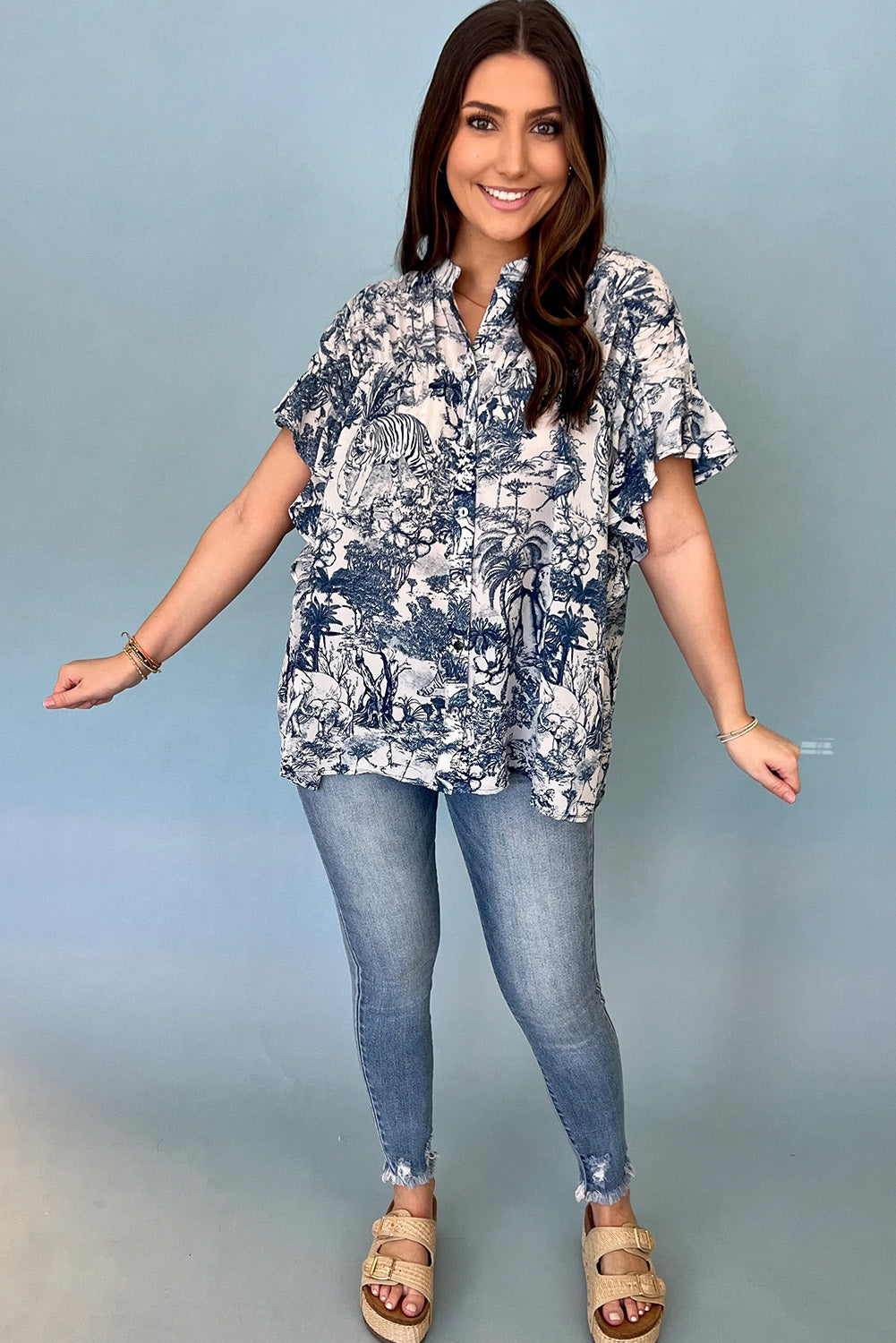 Ashleigh Blue Animal & Plants Print Ruffle Blouse