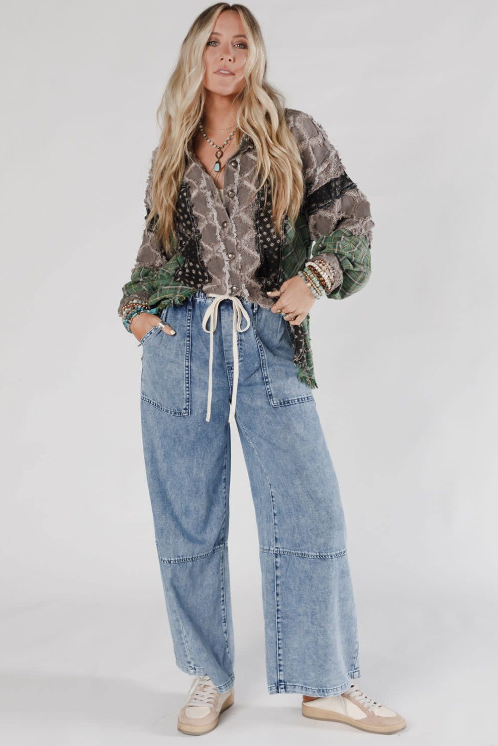 Ashleigh Blue Acid Wash Exposed Seam Drawstring High Waist Jeans - Kustom Kreations Goods