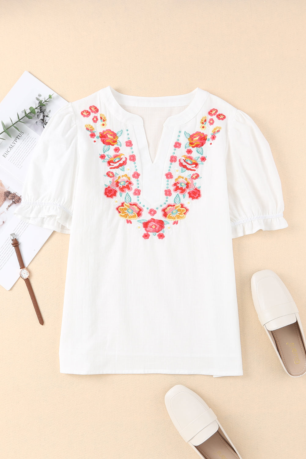 Black Floral Embroidered Boho Ruffle Puff Sleeve Blouse
