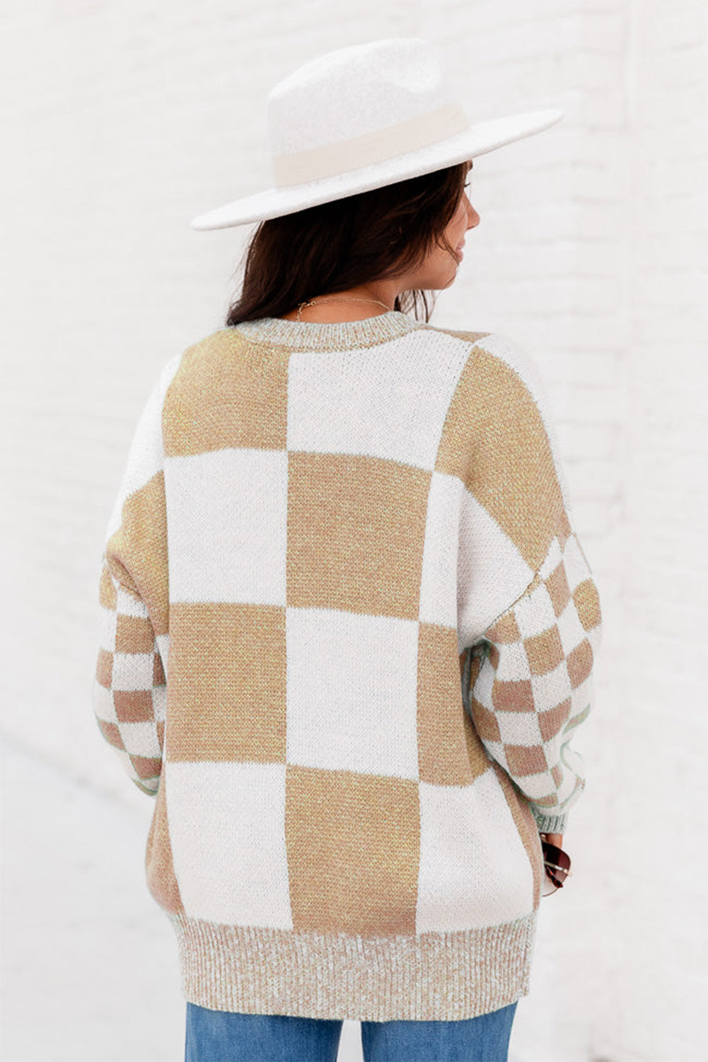 Grey Plaid Knitted Drop Shoulder Loose Fit Sweater