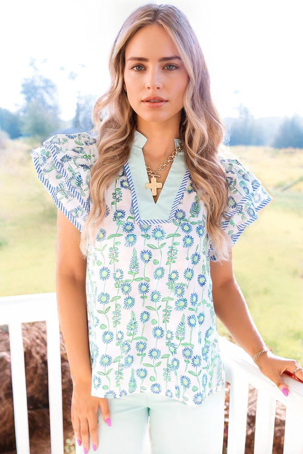Green Floral Print Striped Trim Contrast V Neck Patchwork Boho Blouse - Kustom Kreations Goods