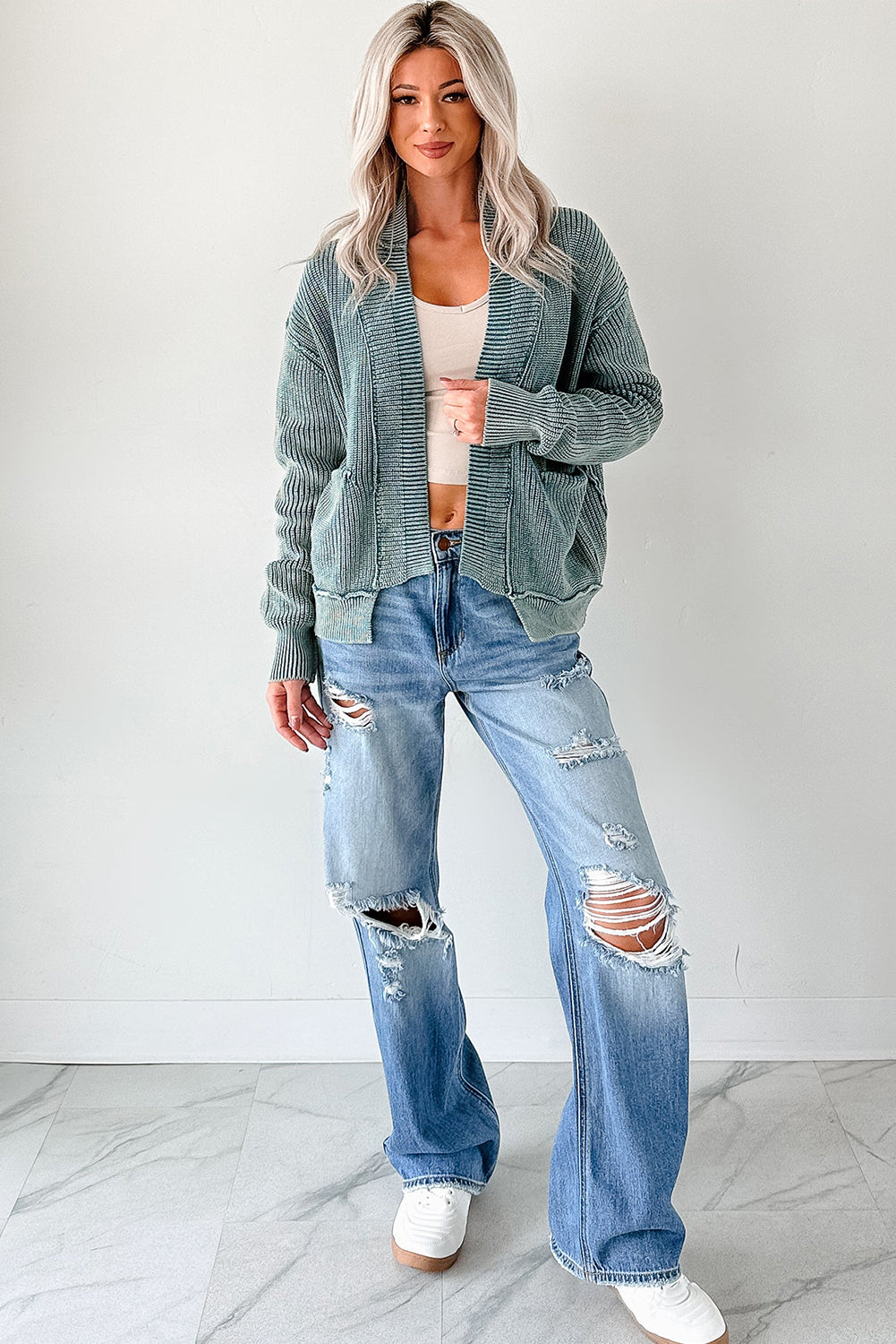 Dark Brown Mineral Wash Exposed Seam Patchwork Knit Cardigan