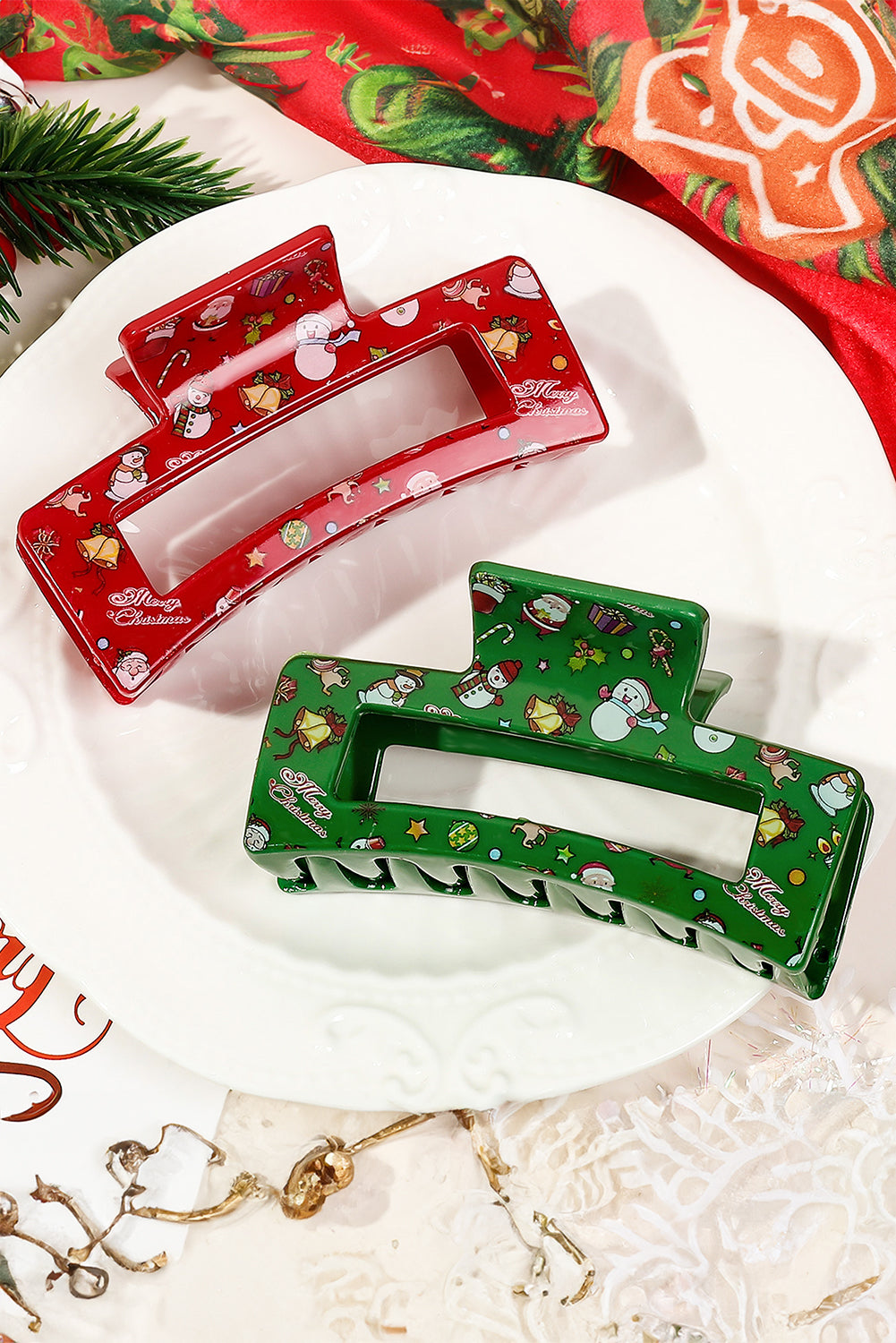 Racing Red Cartoon Christmas Pattern Print Hollow Out Hair Claw Clip