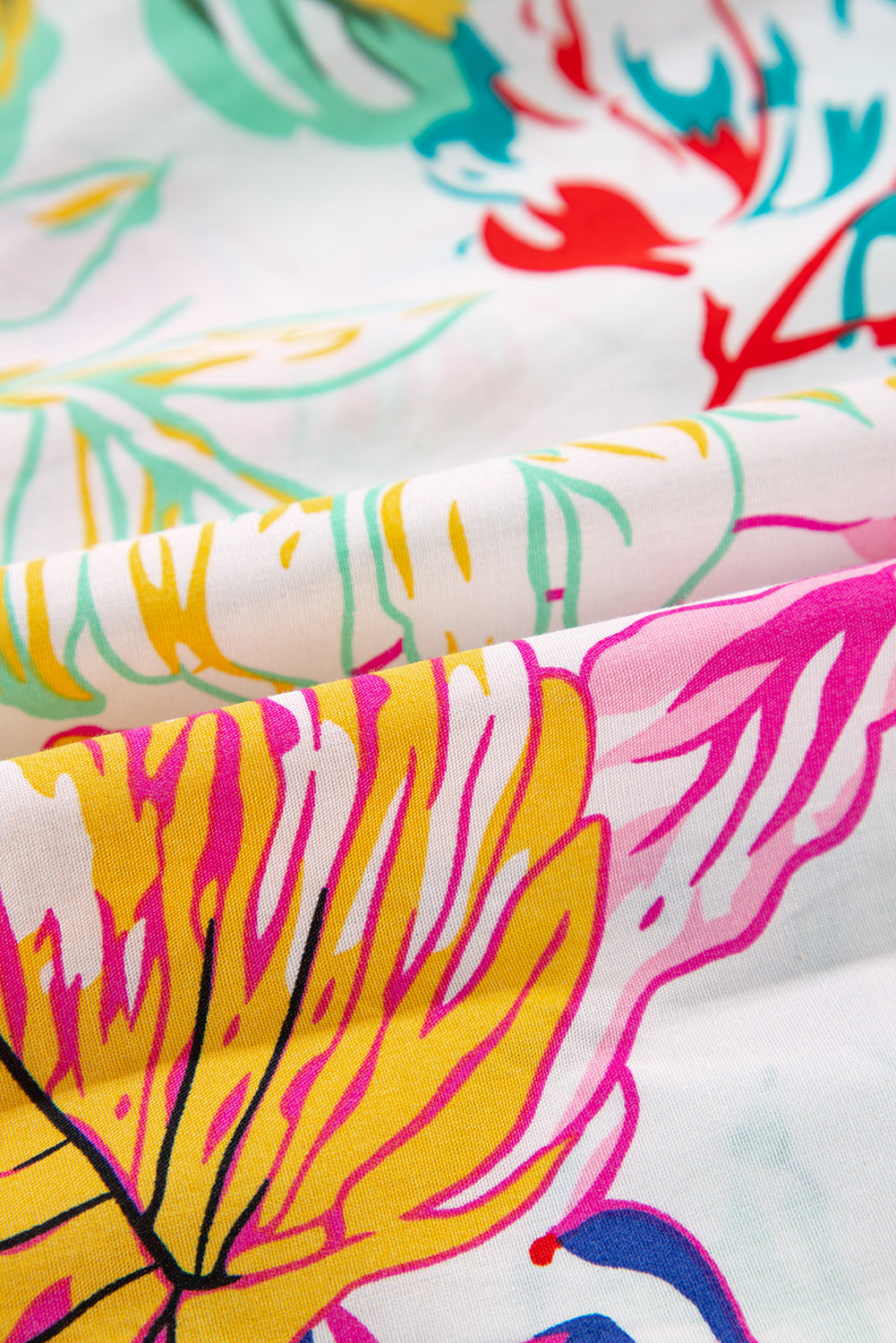 White Tropical Plant Print Tie Neck Ruffle Blouse