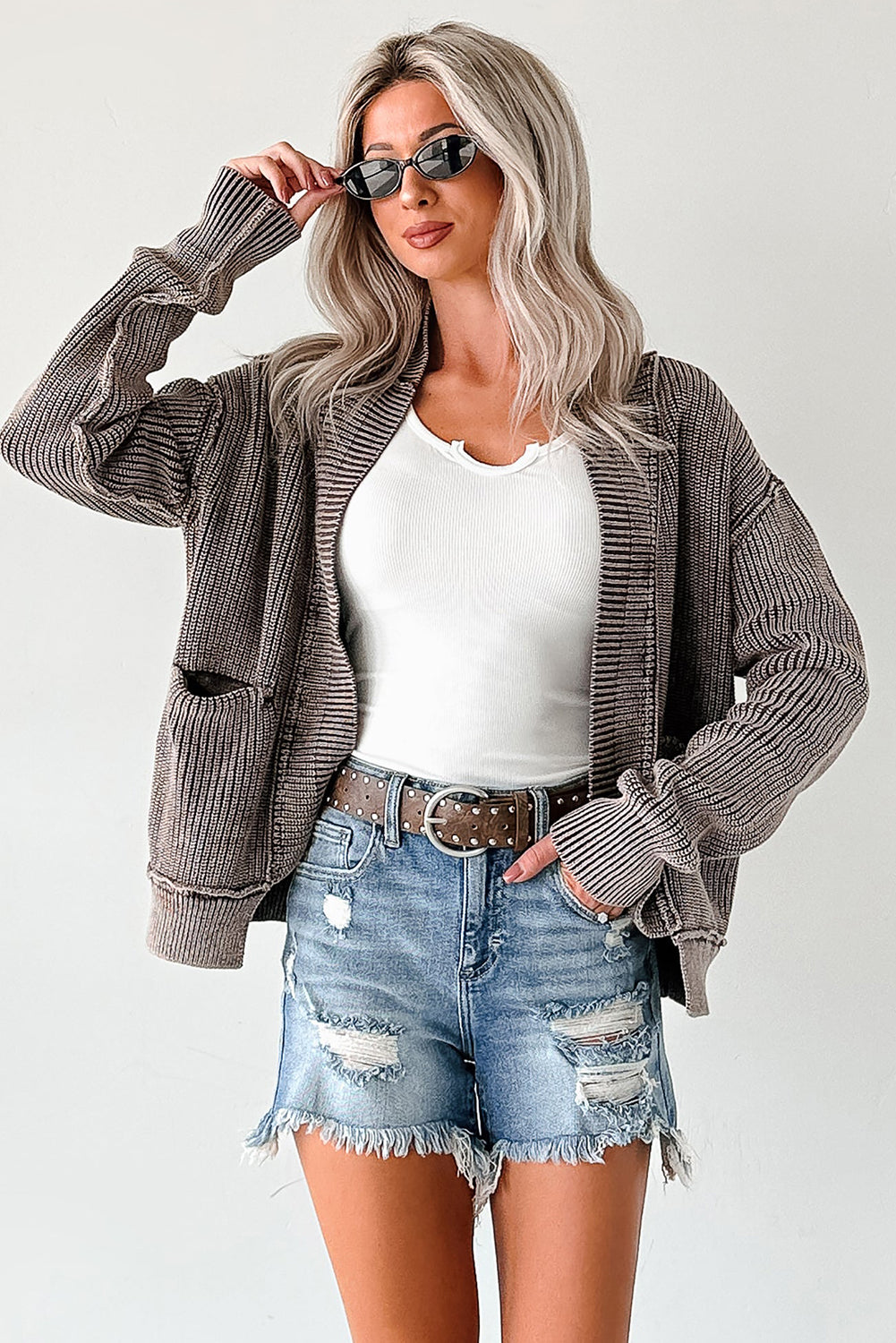 Dark Brown Mineral Wash Exposed Seam Patchwork Knit Cardigan