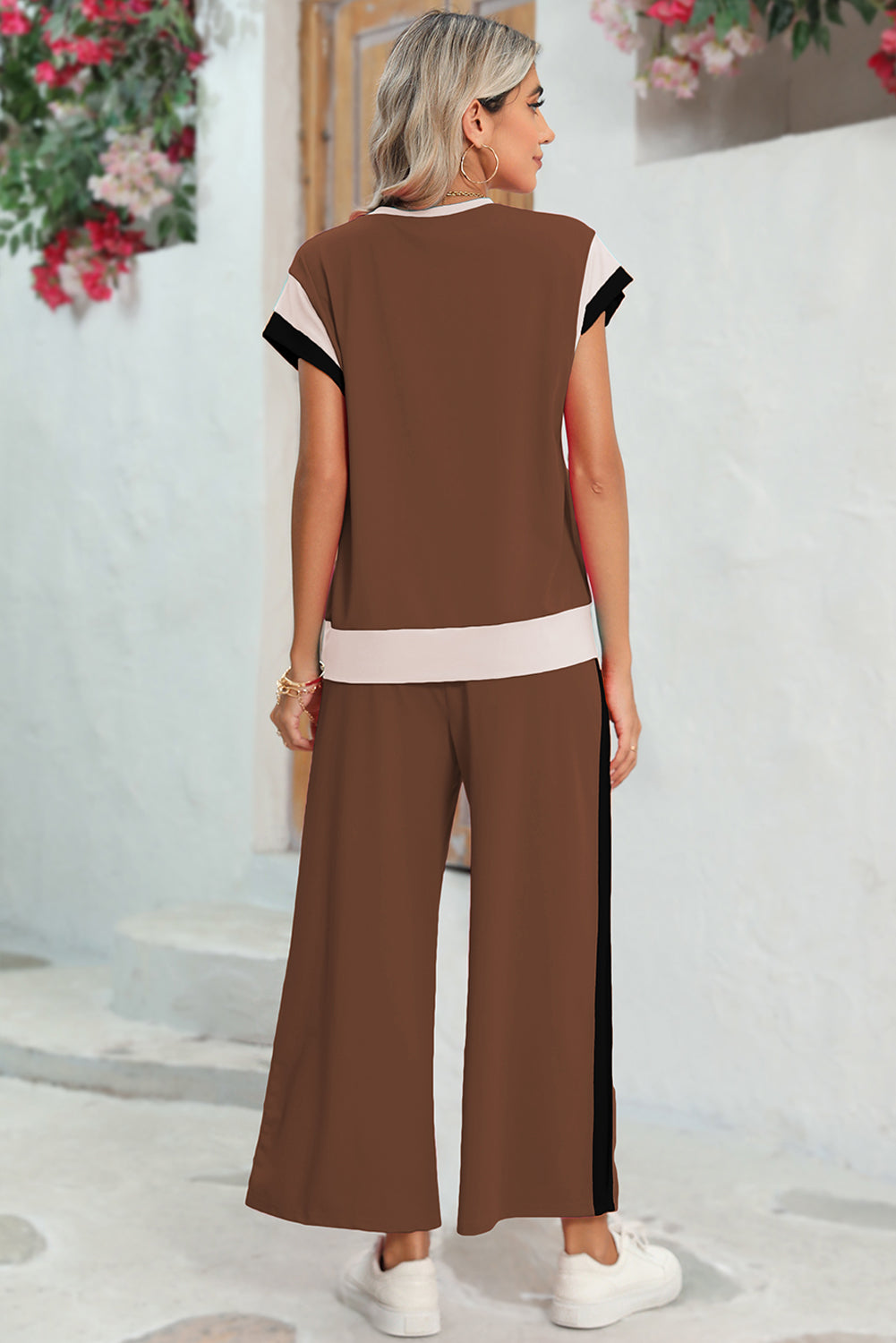 Chestnut Colorblock Cap Sleeve Tee and Wide Leg Pants Set