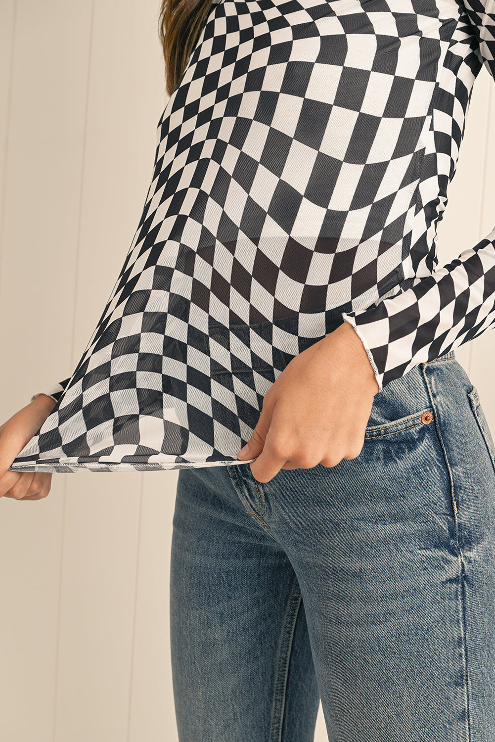 Black Checkered Pattern Mesh Long Sleeve Top - Kustom Kreations Goods