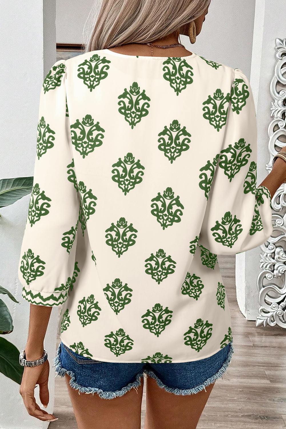Green Damask Floral Print Contrast V Neck 3/4 Sleeve Blouse - Kustom Kreations Goods