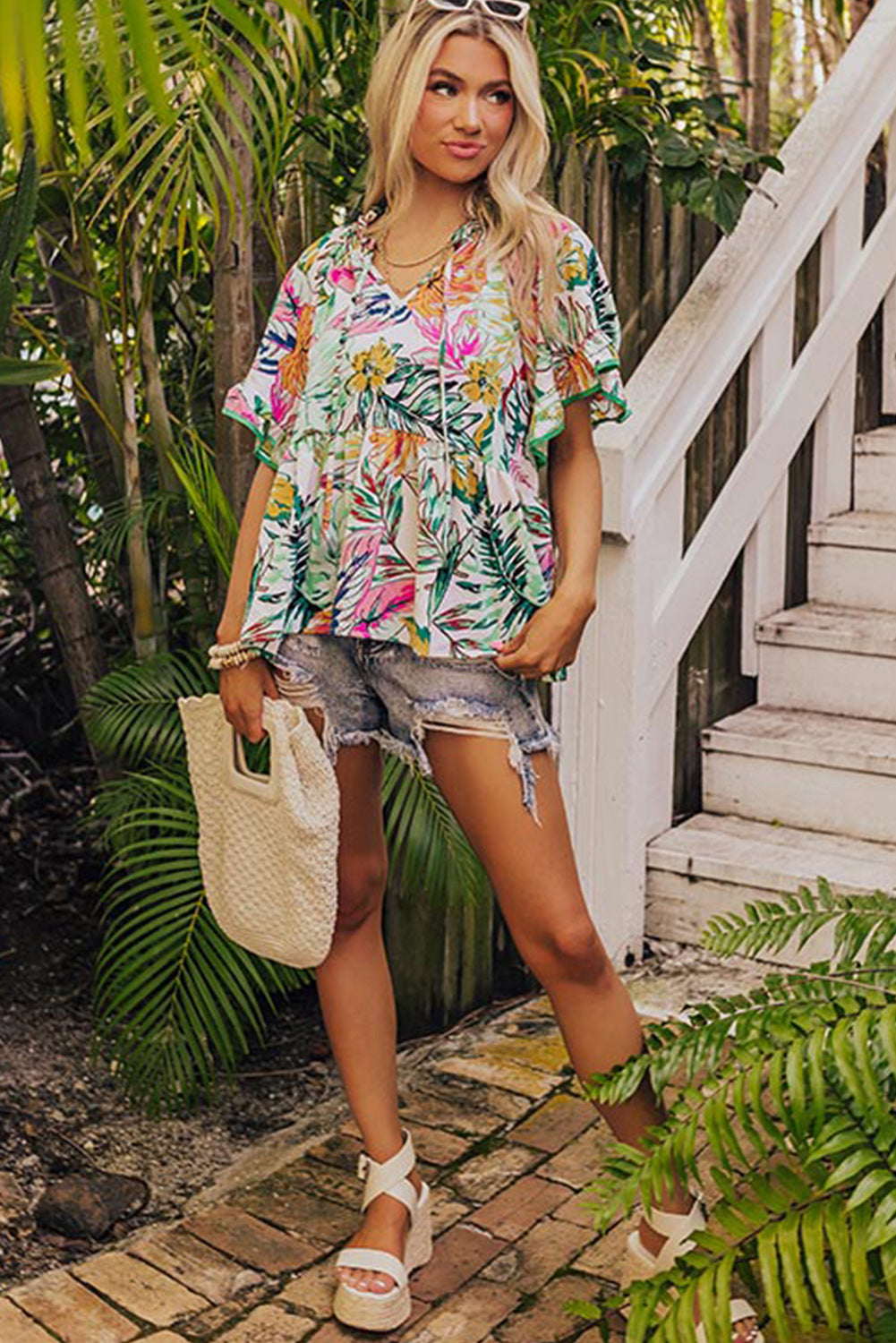 White Tropical Plant Print Tie Neck Ruffle Blouse