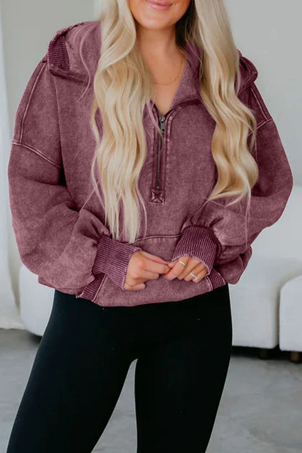 Wild Ginger  Half Zip Kangaroo Pocket Mineral Wash Baggy Hoodie