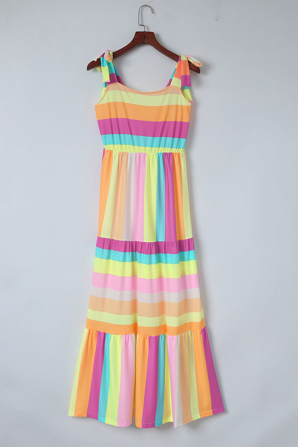 Multicolor Striped Print Bow Knot Straps Sleeveless Maxi Dress