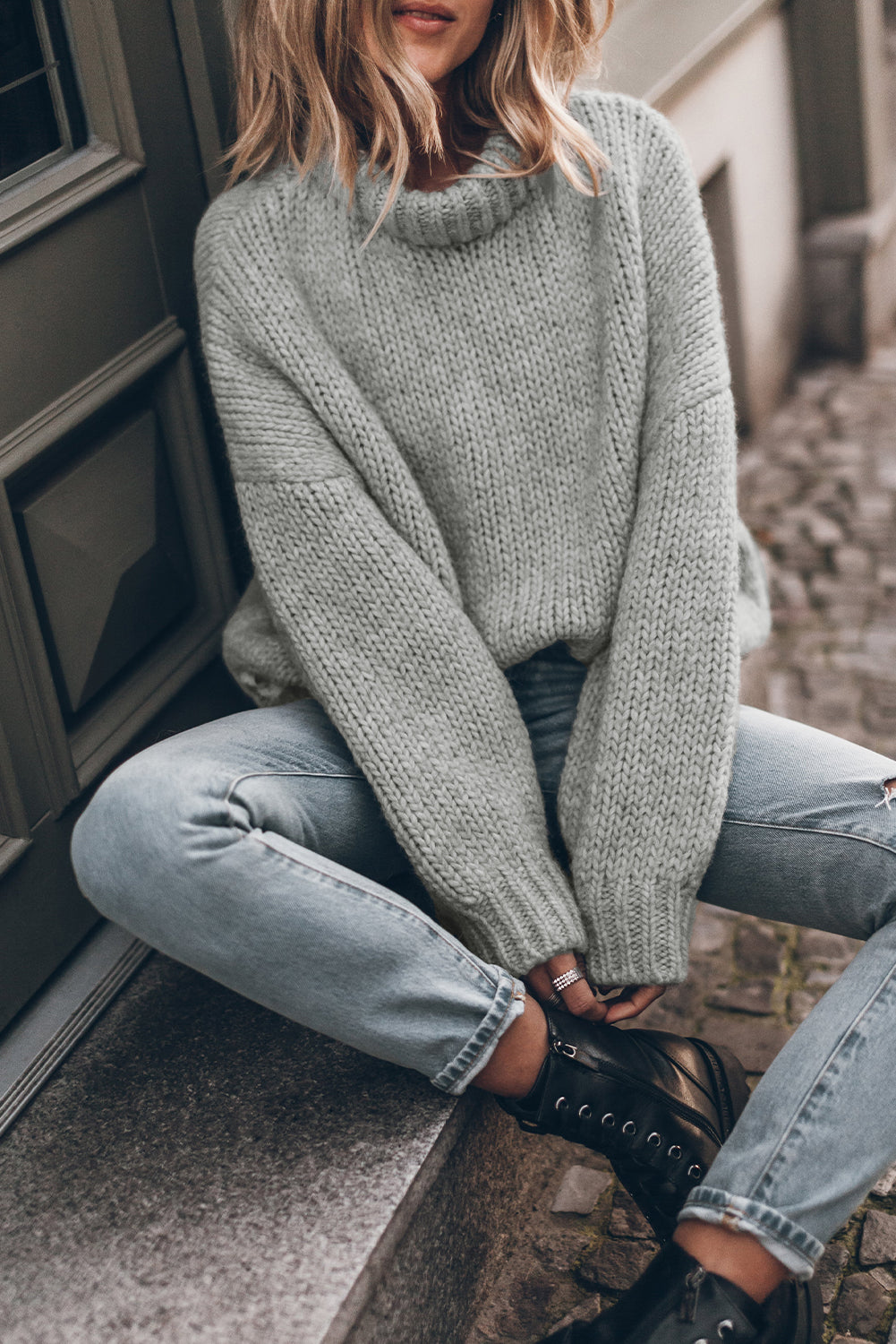 Rose Red Chunky Knit Turtle Neck Drop Shoulder Sweater