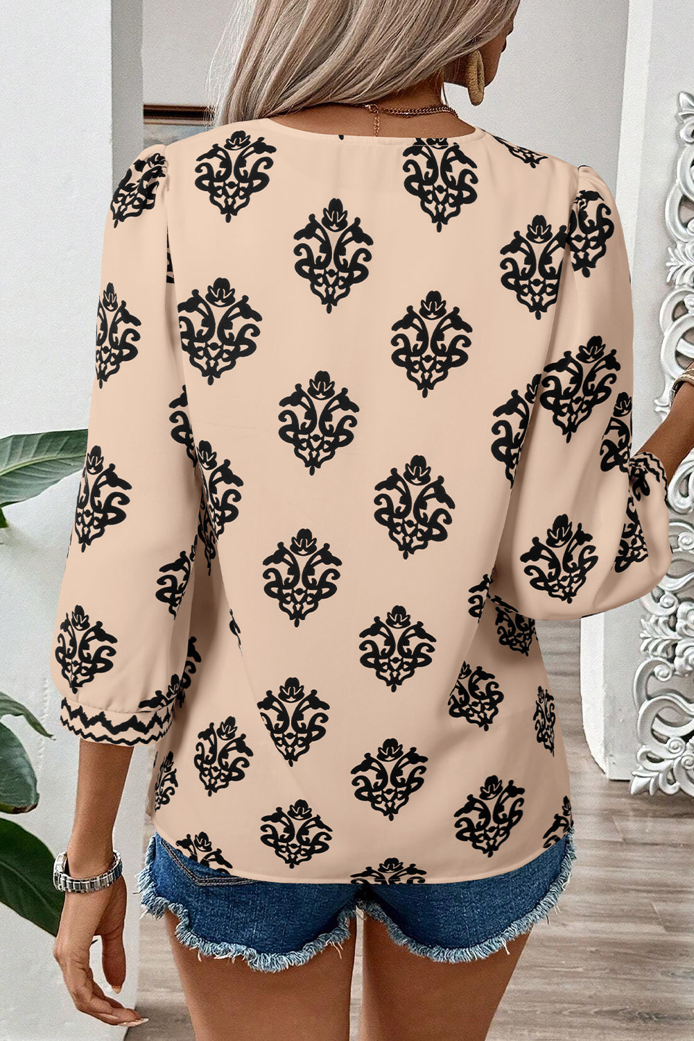 Green Damask Floral Print Contrast V Neck 3/4 Sleeve Blouse - Kustom Kreations Goods