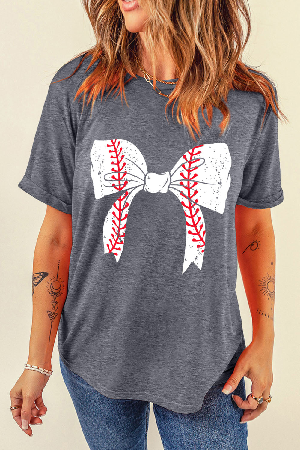 Black Baseball Bowknot Graphic Roll Up Sleeve Tee - Kustom Kreations Goods