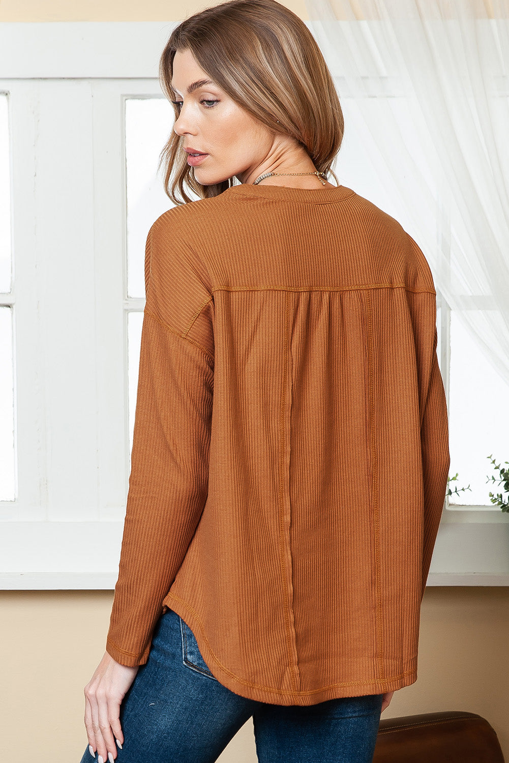 Brown Waffle Knit Casual Button Henley Top