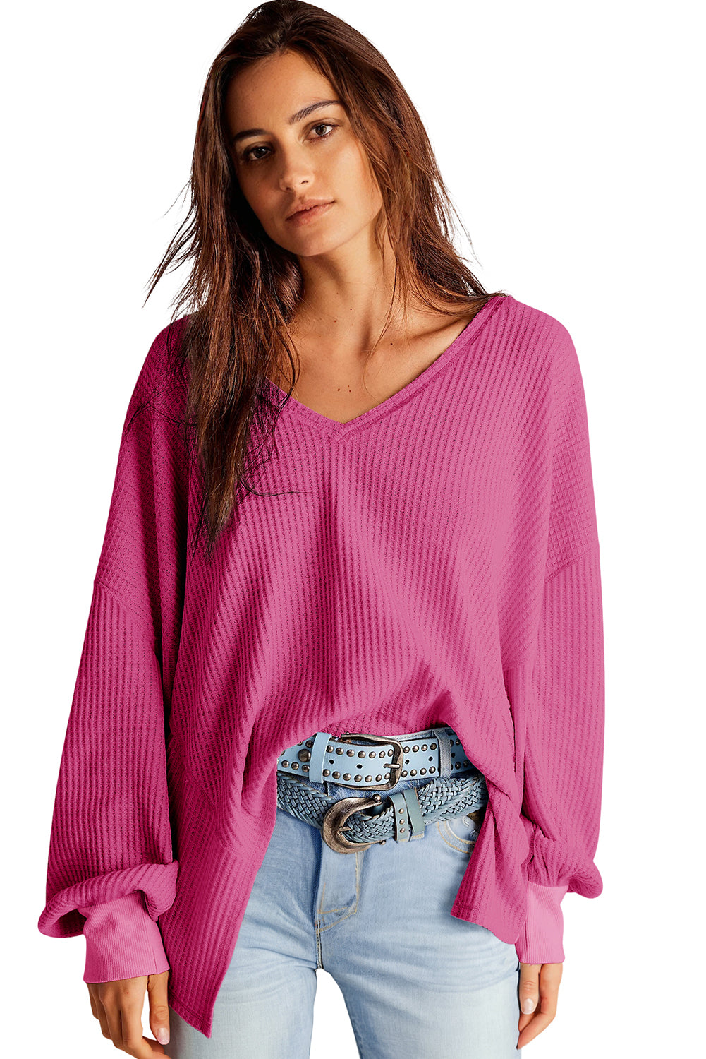 Bright Pink Waffle V Neck Drop Shoulder Long Sleeve Loose Top
