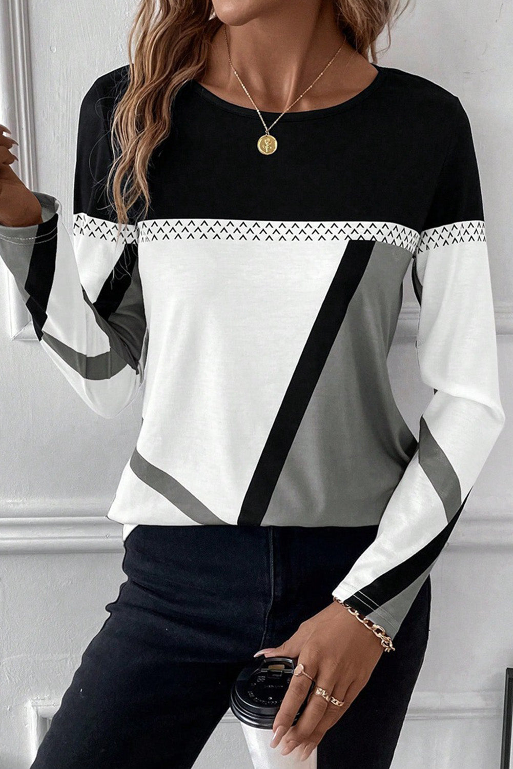 Medium Grey Geometric Print Color Block Crew Neck Top