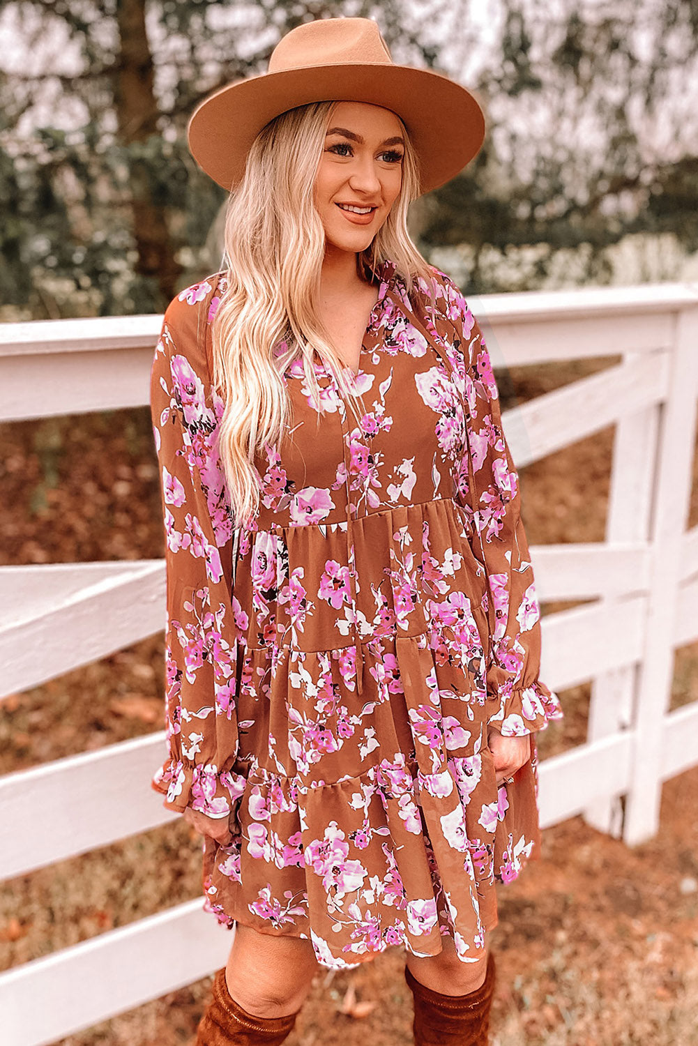 Floral Flounce Sleeve Tiered Dress