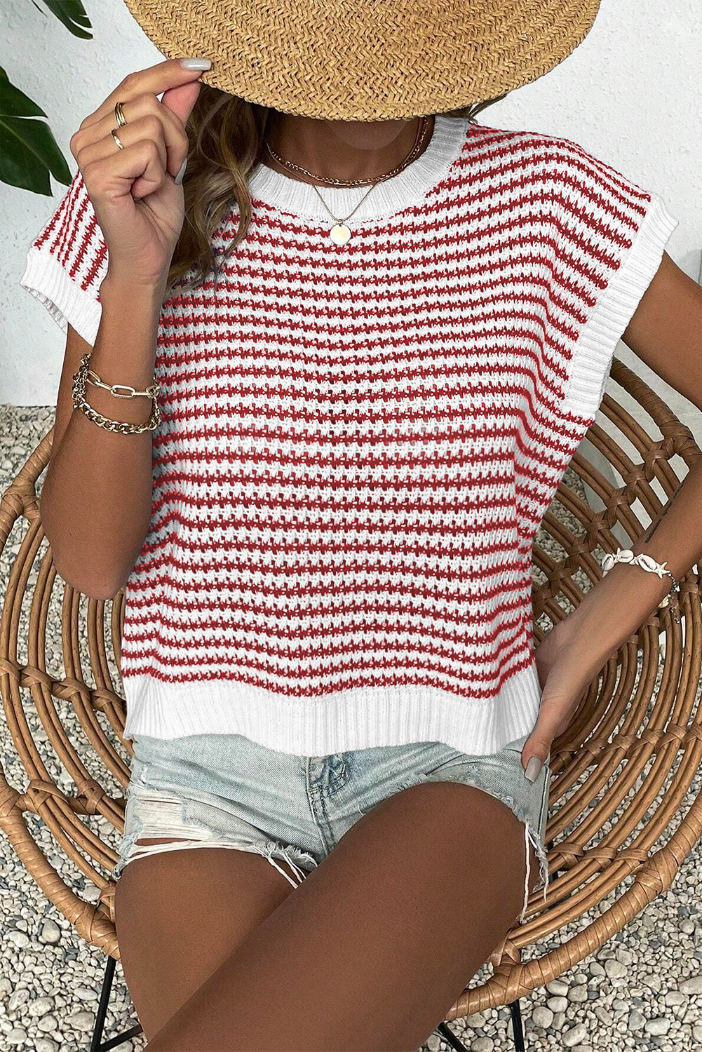 Red Stripe Contrast Trim Knit Dolman Top