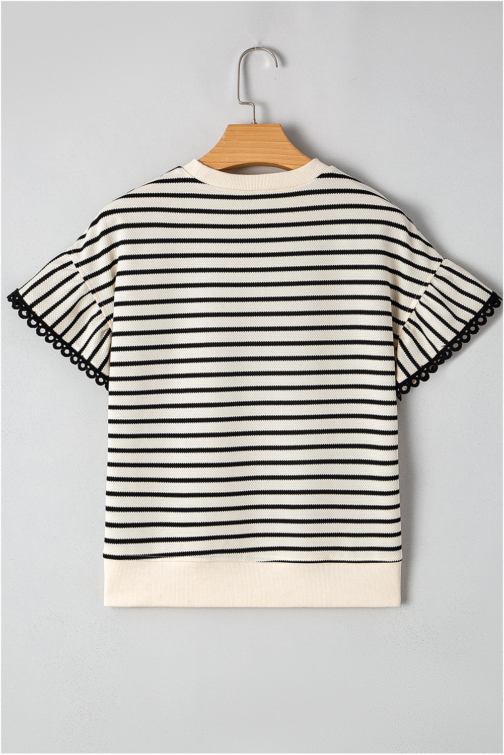 Black Stripe Scallop Lace Trim Ruffle Sleeves Crewneck Top - Kustom Kreations Goods