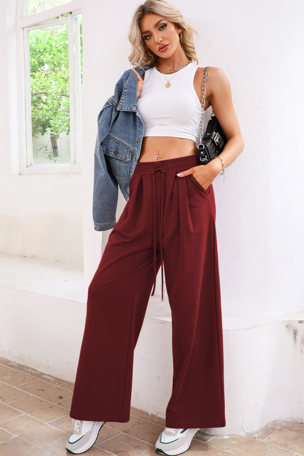Burgundy Tied Elastic High Waist Pleated Detail Solid Sweatpants