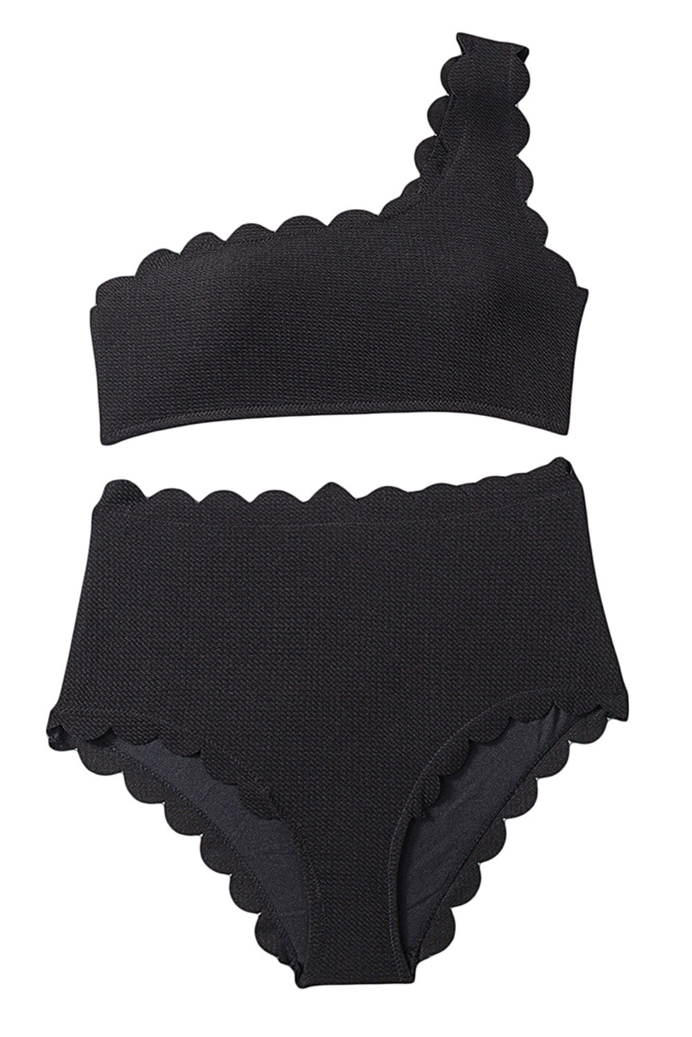 Black Scallop Trim Textured One Shoulder High Waist Bikini Set