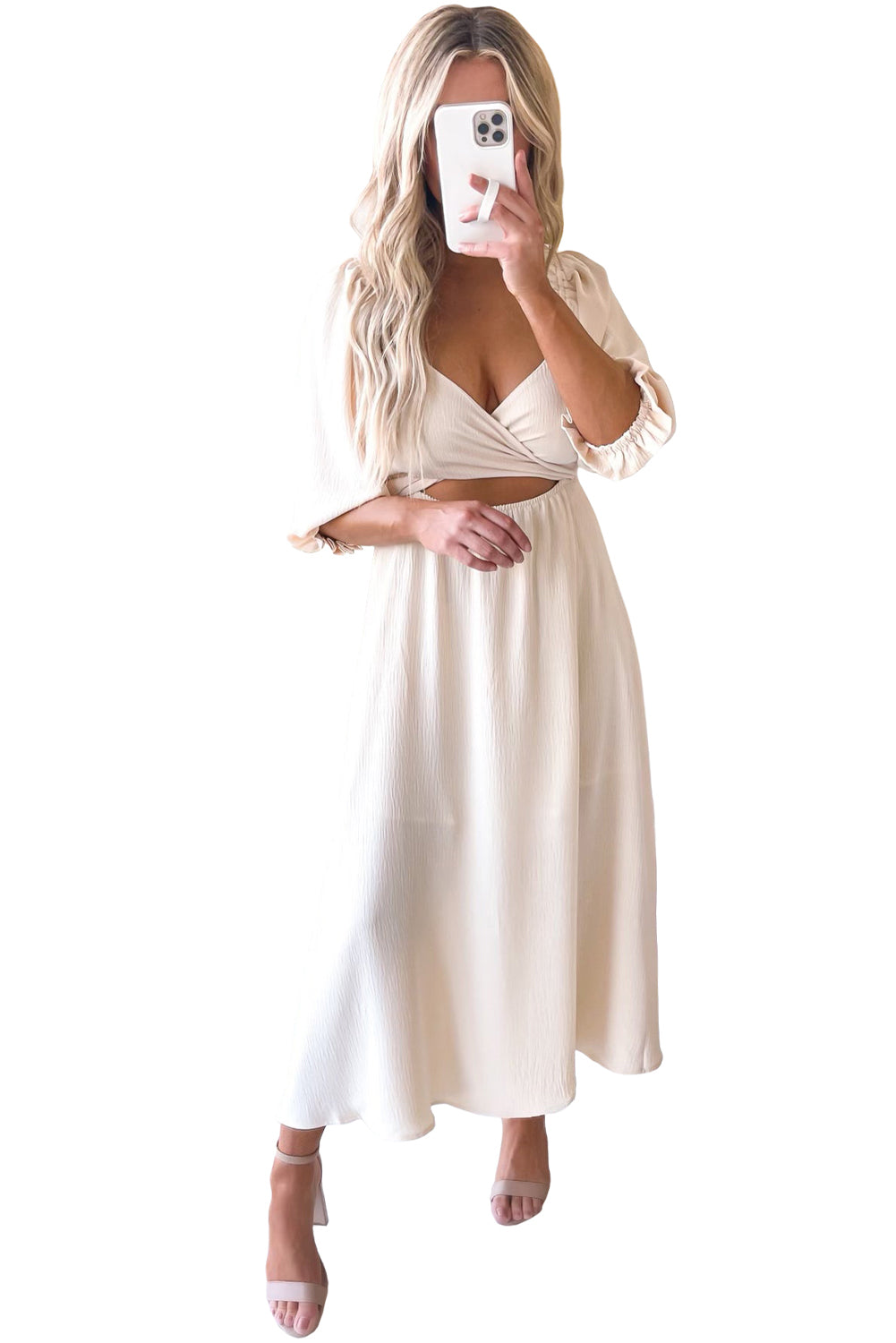 Beige Plain Puff Sleeve Cross Tie Cut Out Maxi Dress