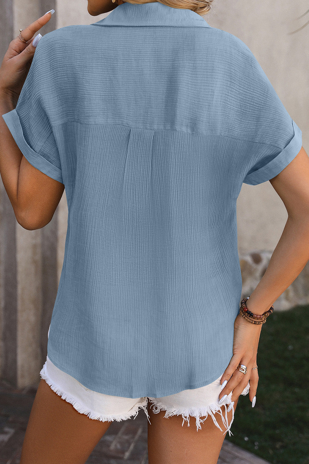 Dusk Blue Crinkle Textured Cuffed Short Sleeve Blouse