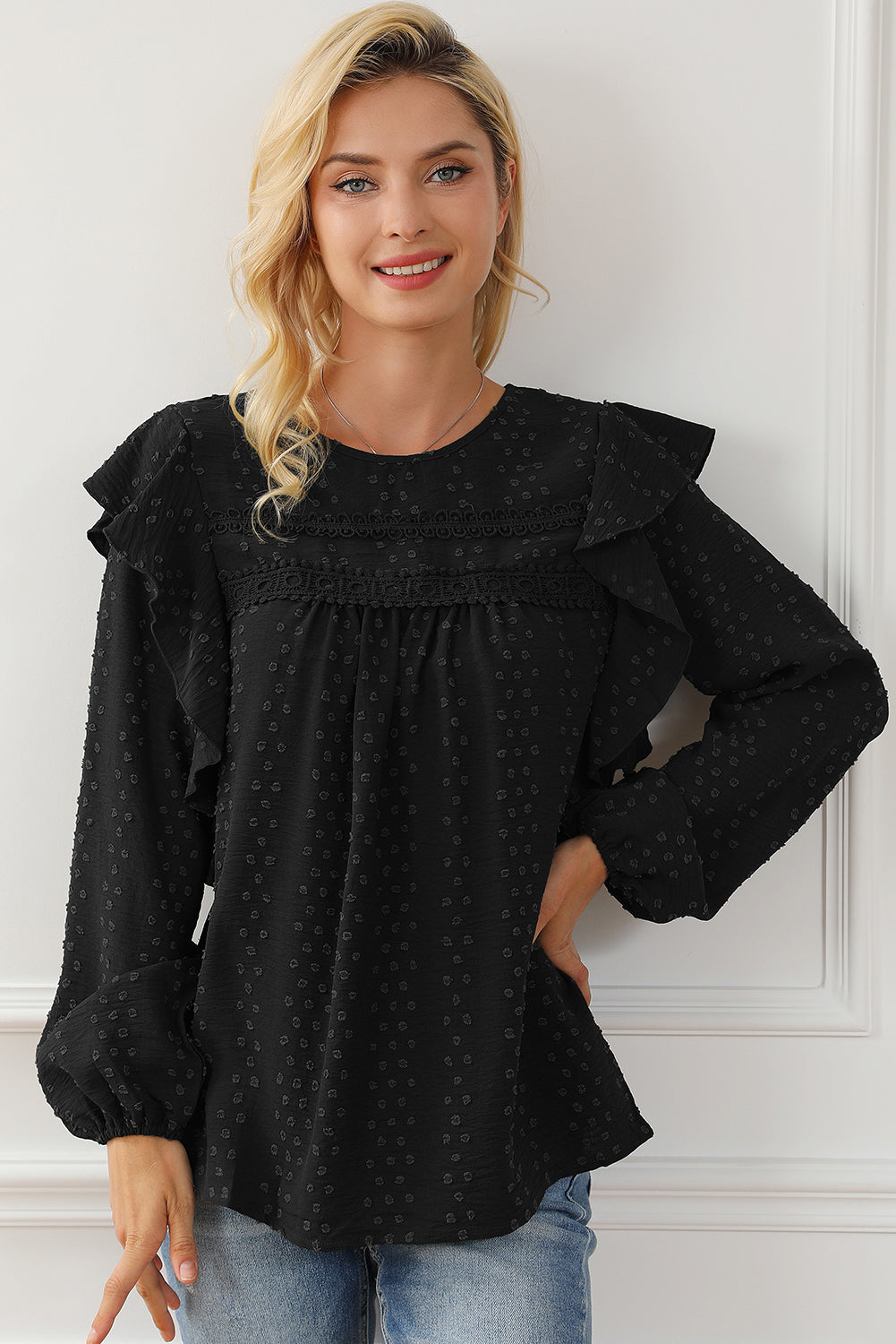 Black Swiss Dot Ruffle Shoulder Long Sleeve Blouse