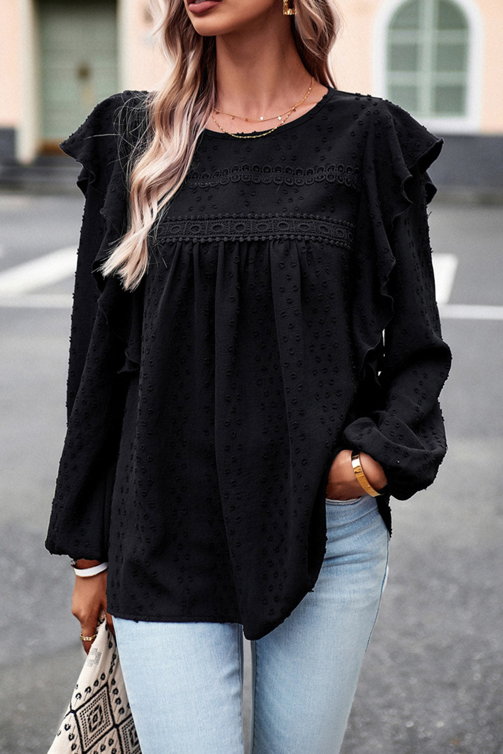 Black Swiss Dot Ruffle Shoulder Long Sleeve Blouse