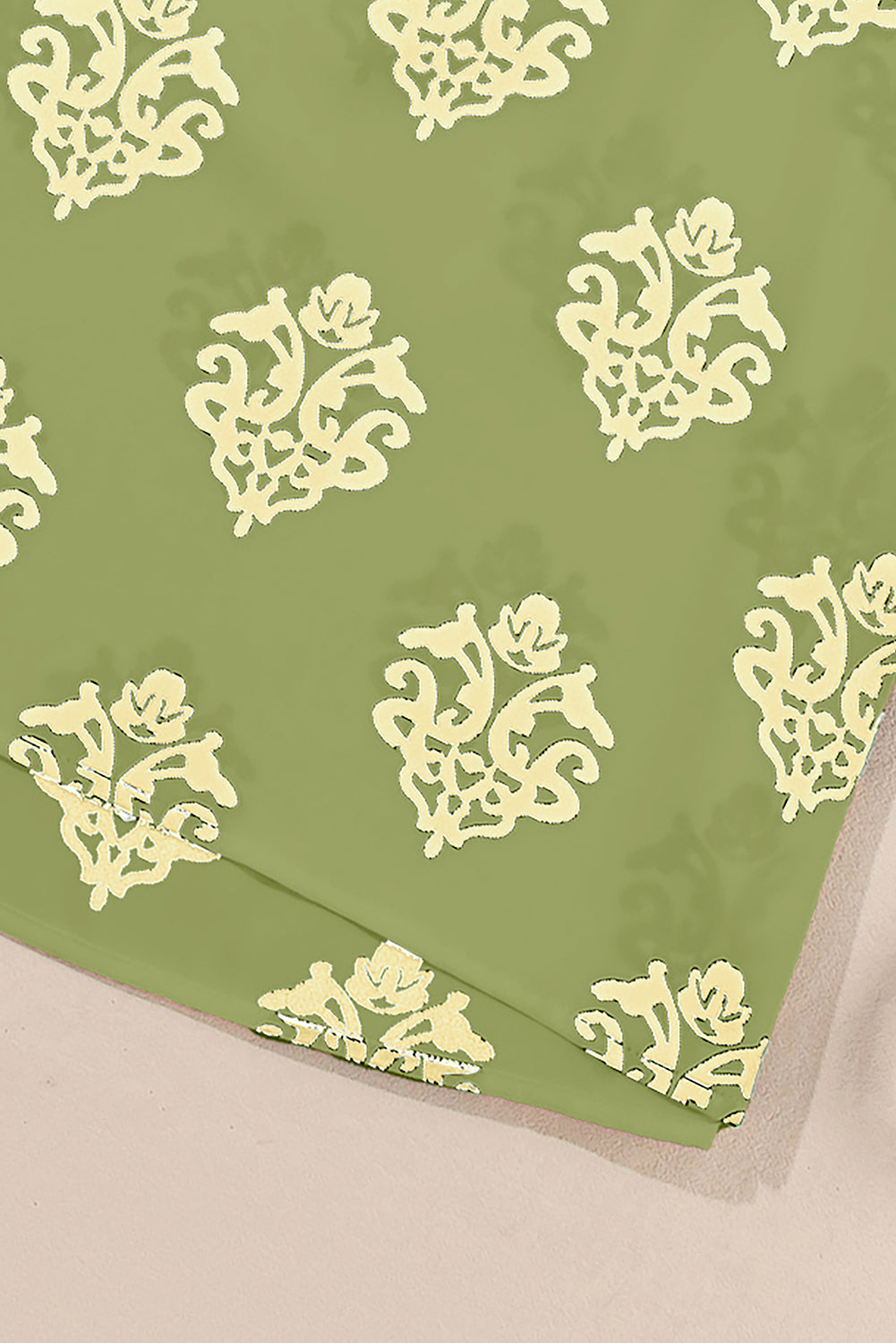 Green Damask Floral Print Contrast V Neck 3/4 Sleeve Blouse - Kustom Kreations Goods