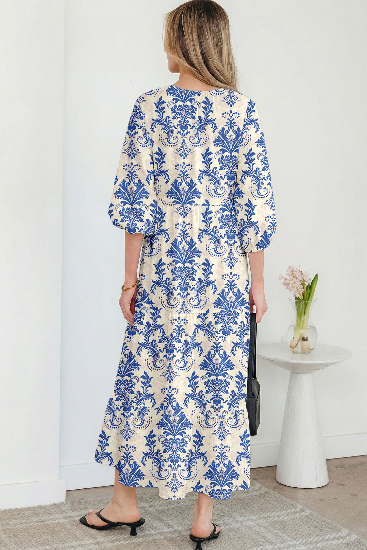 Sky Blue Boho Printed Half Sleeve Maxi Dress - Kustom Kreations Goods