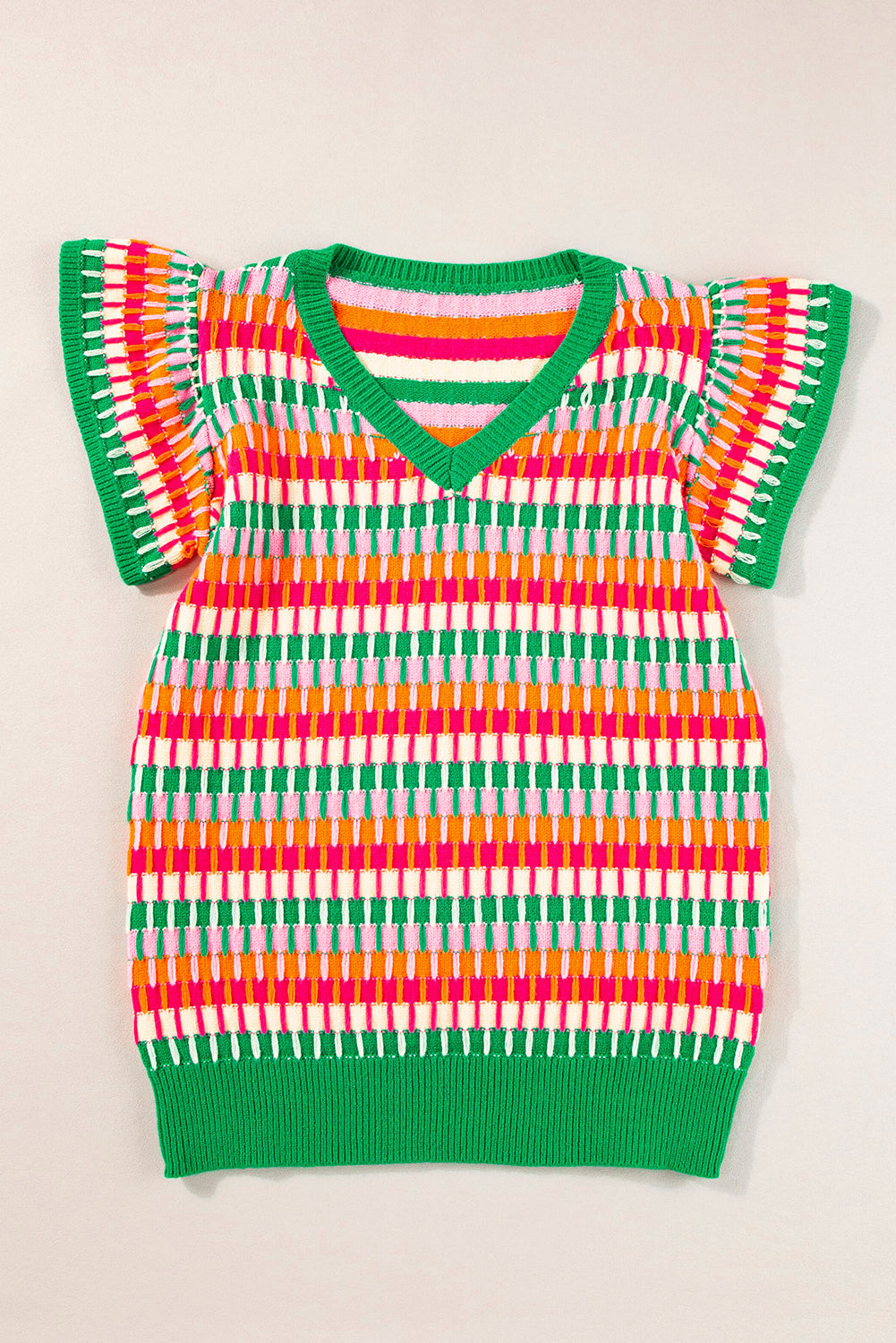 Green Colorblock Cap Sleeve Knitted Top