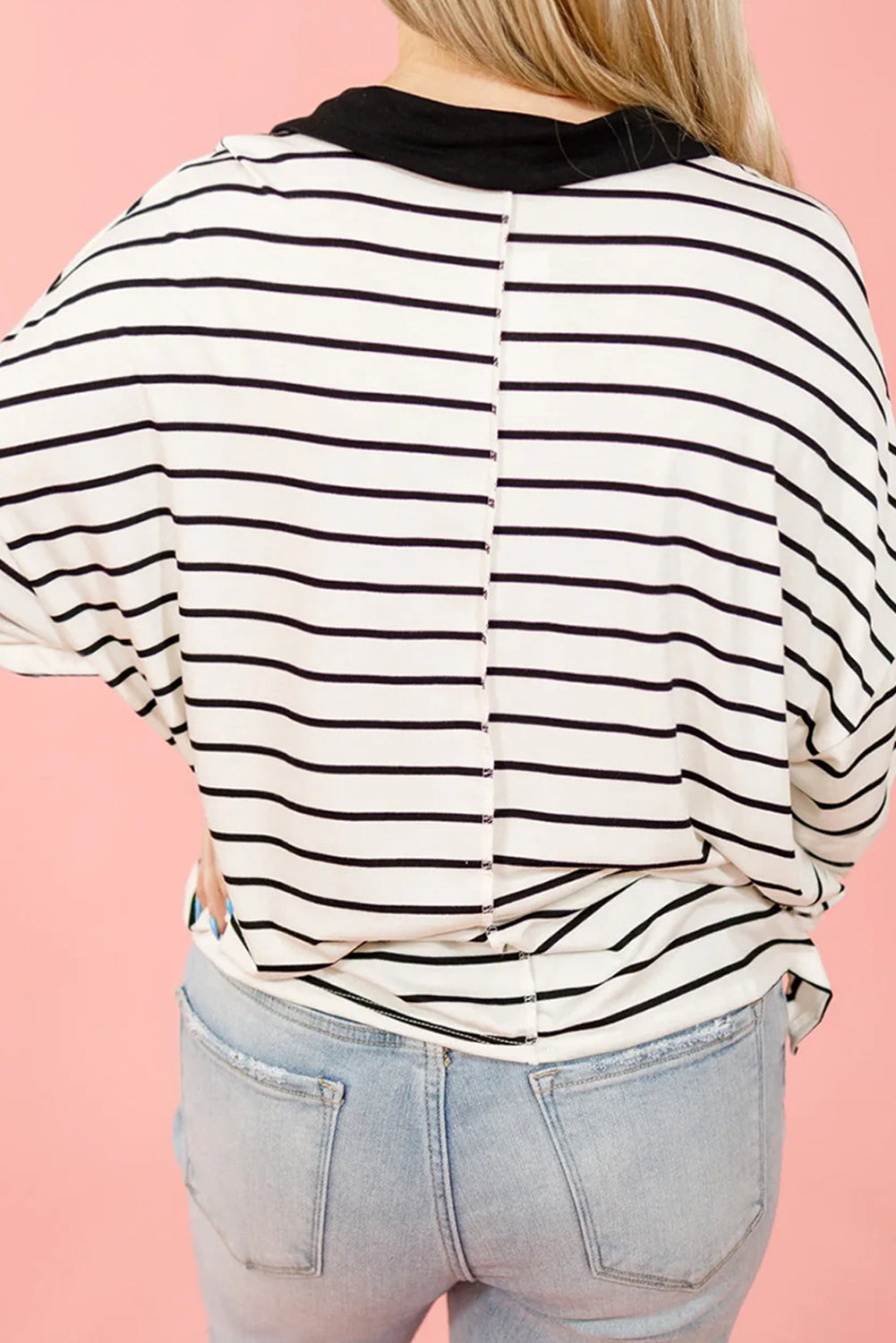 Black white Casual Striped V Neck Shift Blouse