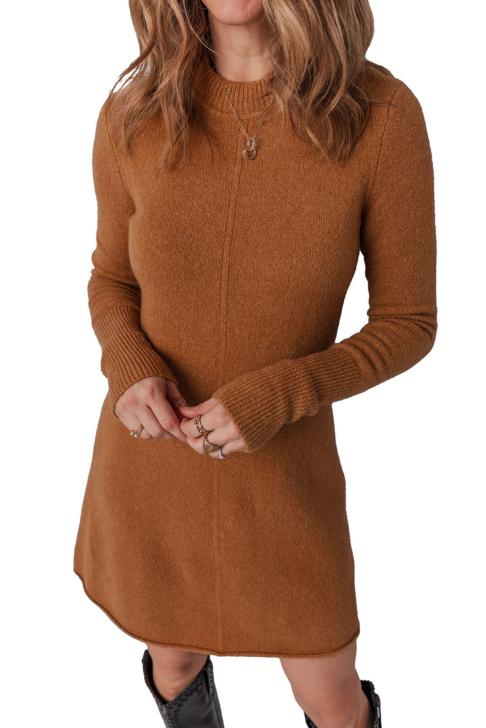 Straw Yellow Ribbed Detail Solid Color Mini Sweater Dress - Kustom Kreations Goods